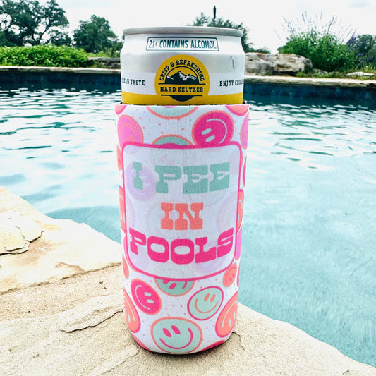 I Pee In Pools Smiley Slim Can Cooler