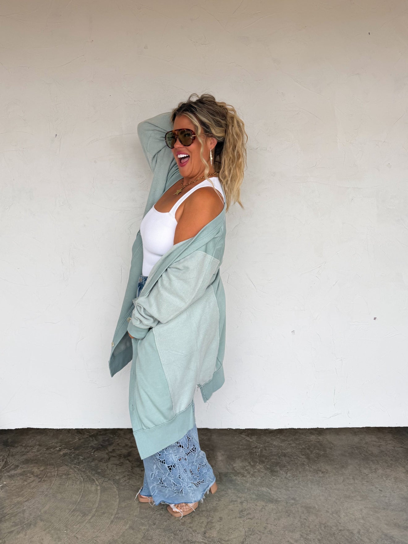 Spring Desi Sweatshirt Cardigan in Sage Green