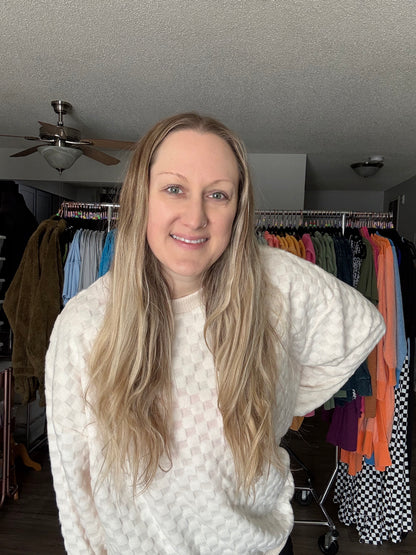 Checker Out Long Sleeve Top in Ivory