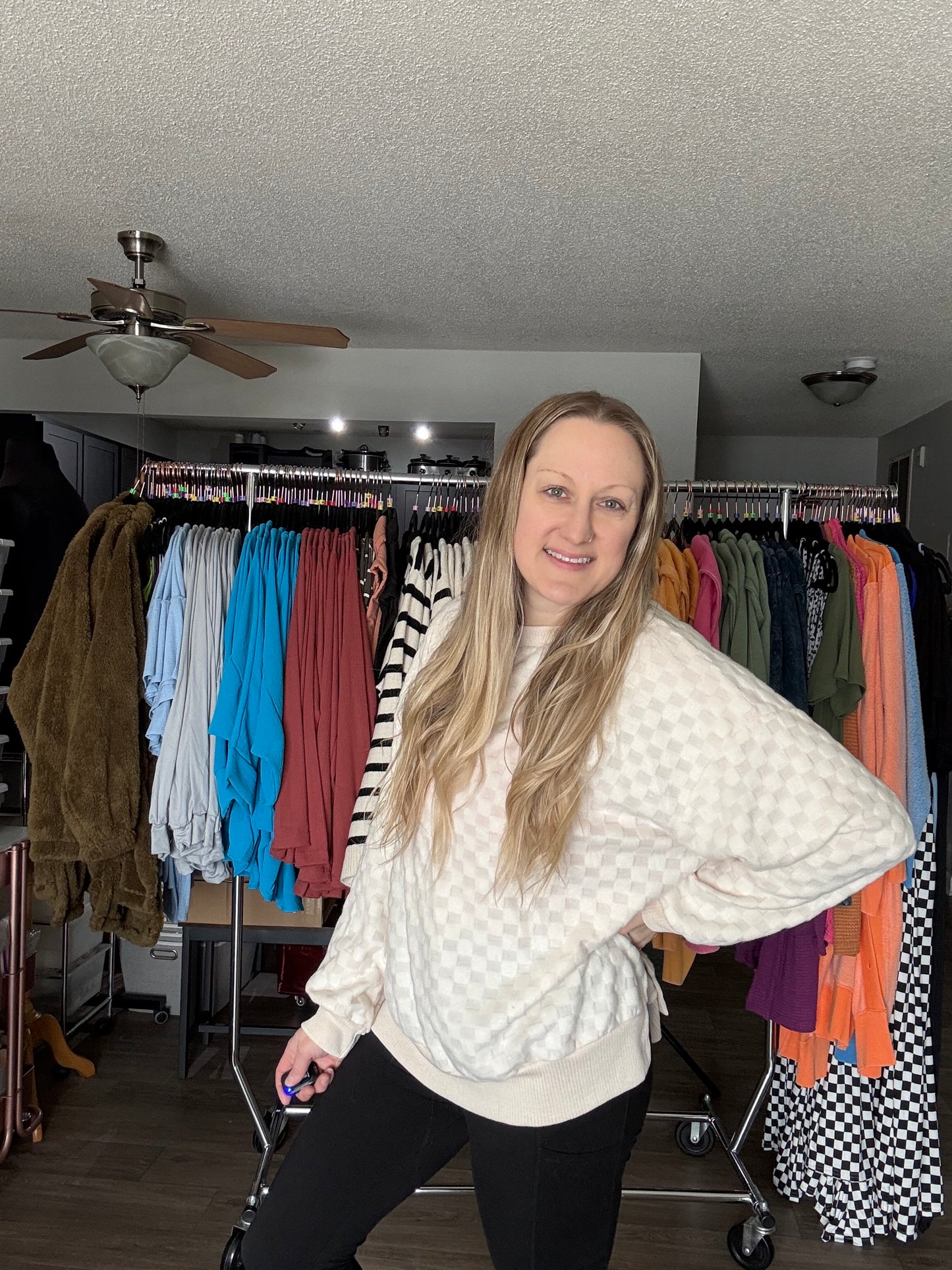 Checker Out Long Sleeve Top in Ivory