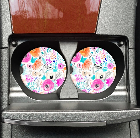 Orange Pink Teal Florals Car Coasters