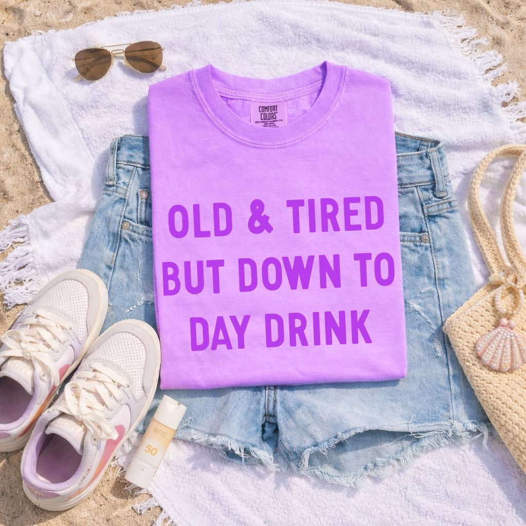 PRE-ORDER Old & Tired But Down to Day Drink Graphic Tee in Neon Violet