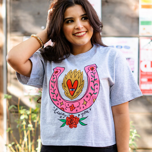 Pre-Order Lucky You Crop Tee in Heather Gray