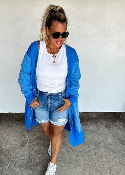 OS REG ONLY Desi Sweatshirt Cardigan in Blue