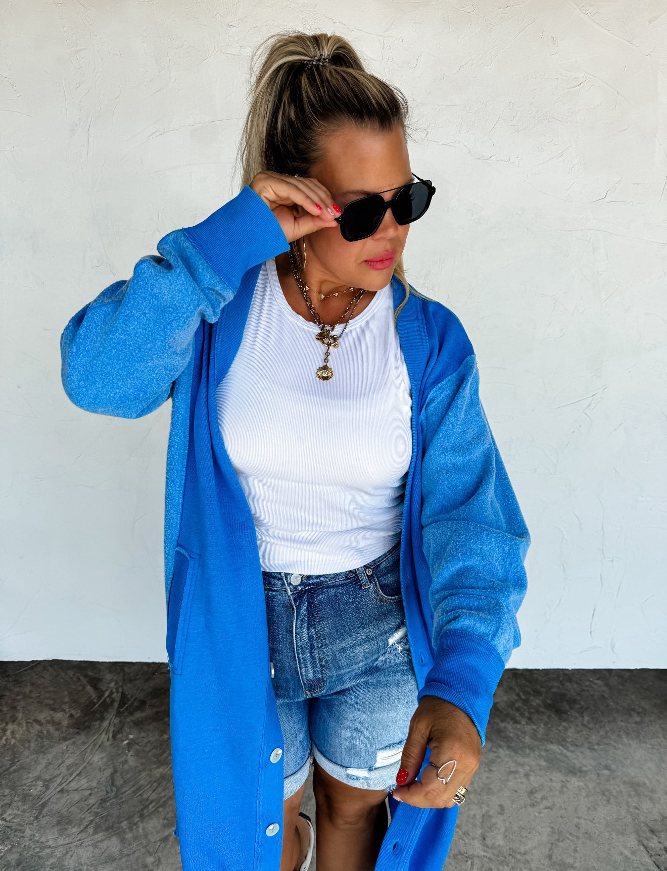 OS REG ONLY Desi Sweatshirt Cardigan in Blue