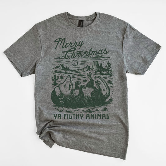 MADE TO ORDER: Merry Christmas Ya Filthy Animal Graphic Tee in Gray