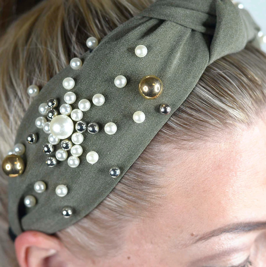 Beaded Knotted Headband in Olive