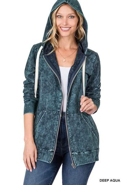 Meant To Be Mineral Wash Zip Up Hoodie in Deep Aqua