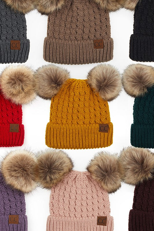 C.C. Adult Double Pom Pom Cable Knit Beanie