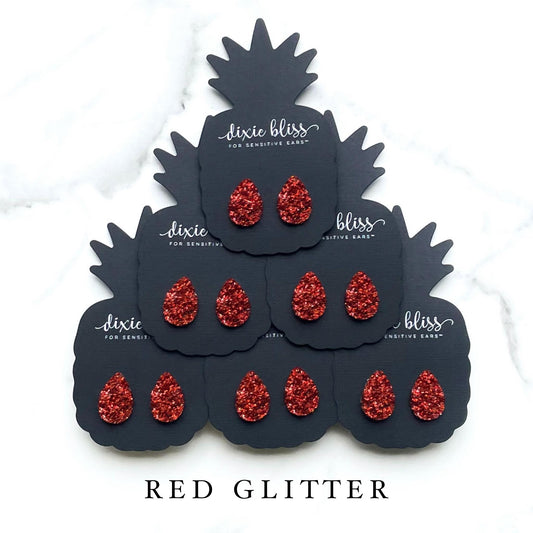 Teardrops in Red Glitter - Dixie Bliss - Single Stud Earrings