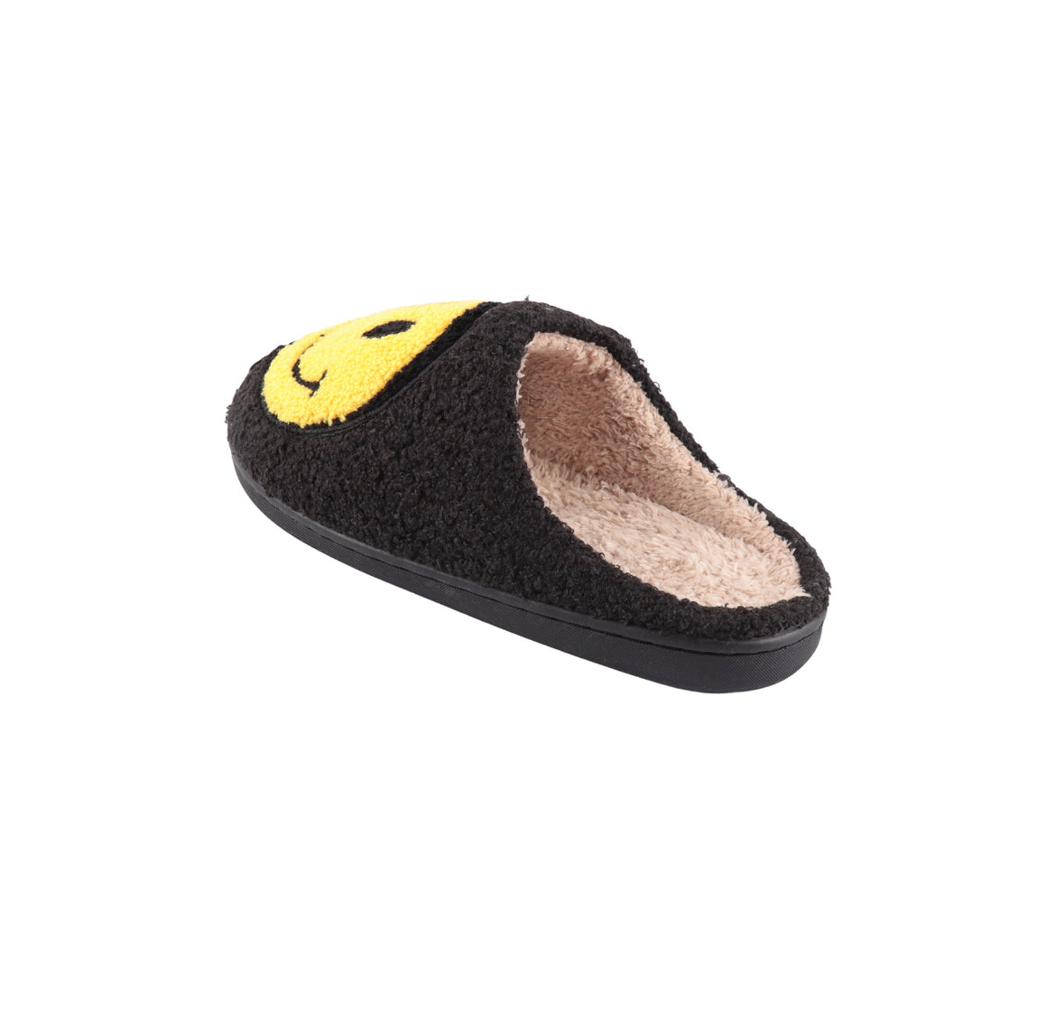 Smiley Face Fuzzy Slippers in Black