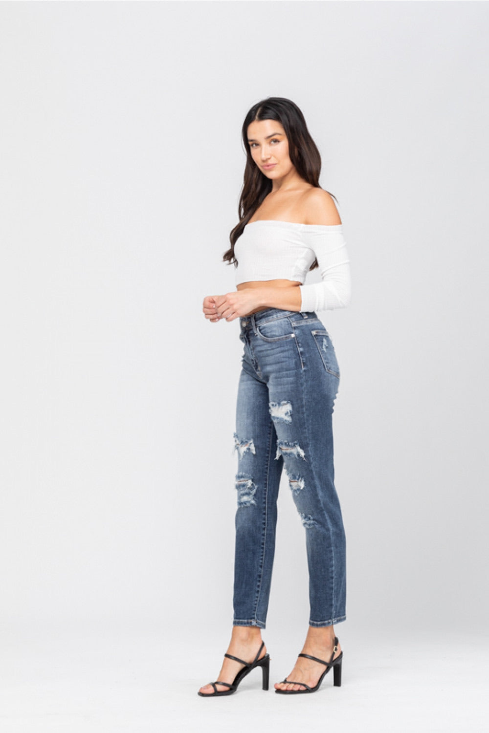 5 & 7 ONLY Judy Blue : Not Your Boyfriend's Denim - High Rise Distressed Boyfriend Jeans