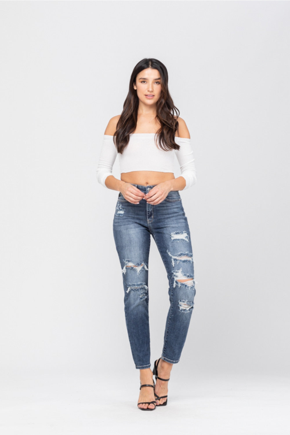 5 & 7 ONLY Judy Blue : Not Your Boyfriend's Denim - High Rise Distressed Boyfriend Jeans