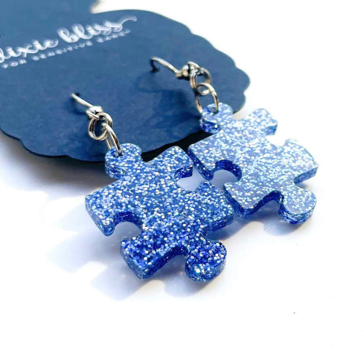 Puzzle Pieces in Blue Glitter - Dixie Bliss - Dangle Earring