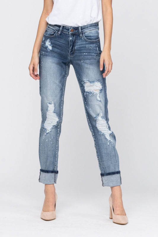 5, 7 & 18W ONLY Judy Blue: Beach Splatter - Destroyed Boyfriend Cut Judy Blue Jeans