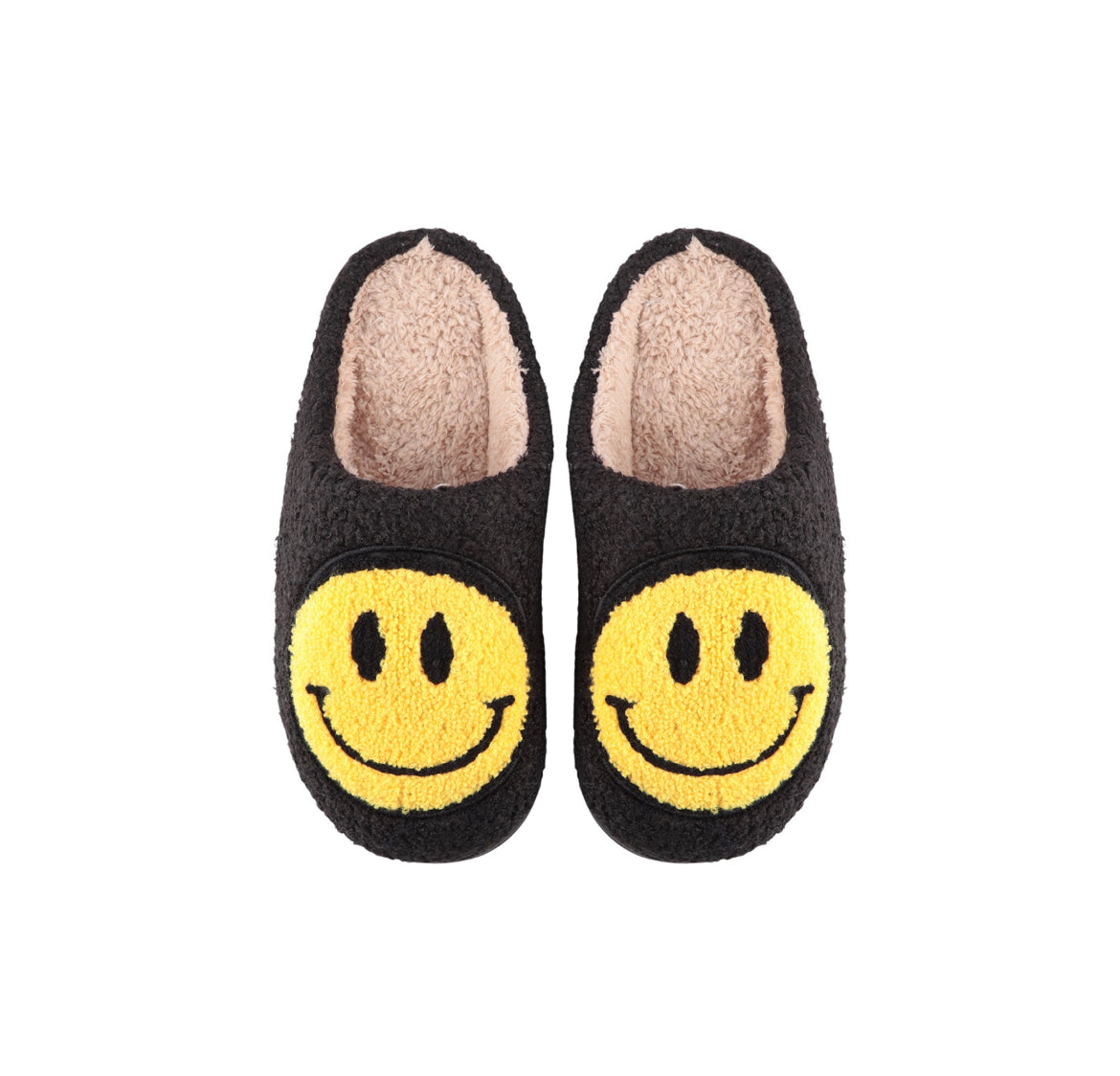 Smiley Face Fuzzy Slippers in Black