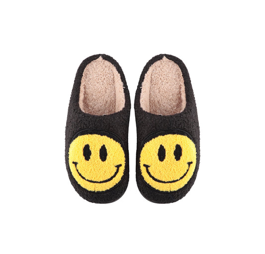 Smiley Face Fuzzy Slippers in Black
