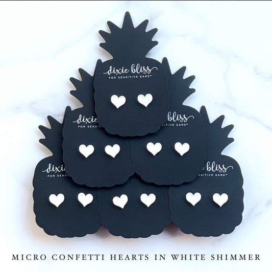 Micro Confetti Hearts in White Shimmer - Dixie Bliss - Single Stud Earrings