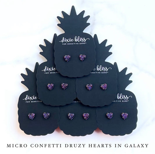 Micro Confetti Druzy Hearts in Galaxy - Dixie Bliss - Single Stud Earrings