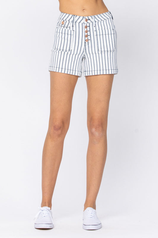 L & 1XL ONLY Judy Blue: Sailing Away - Blue Pinstripe Button Fly Shorts